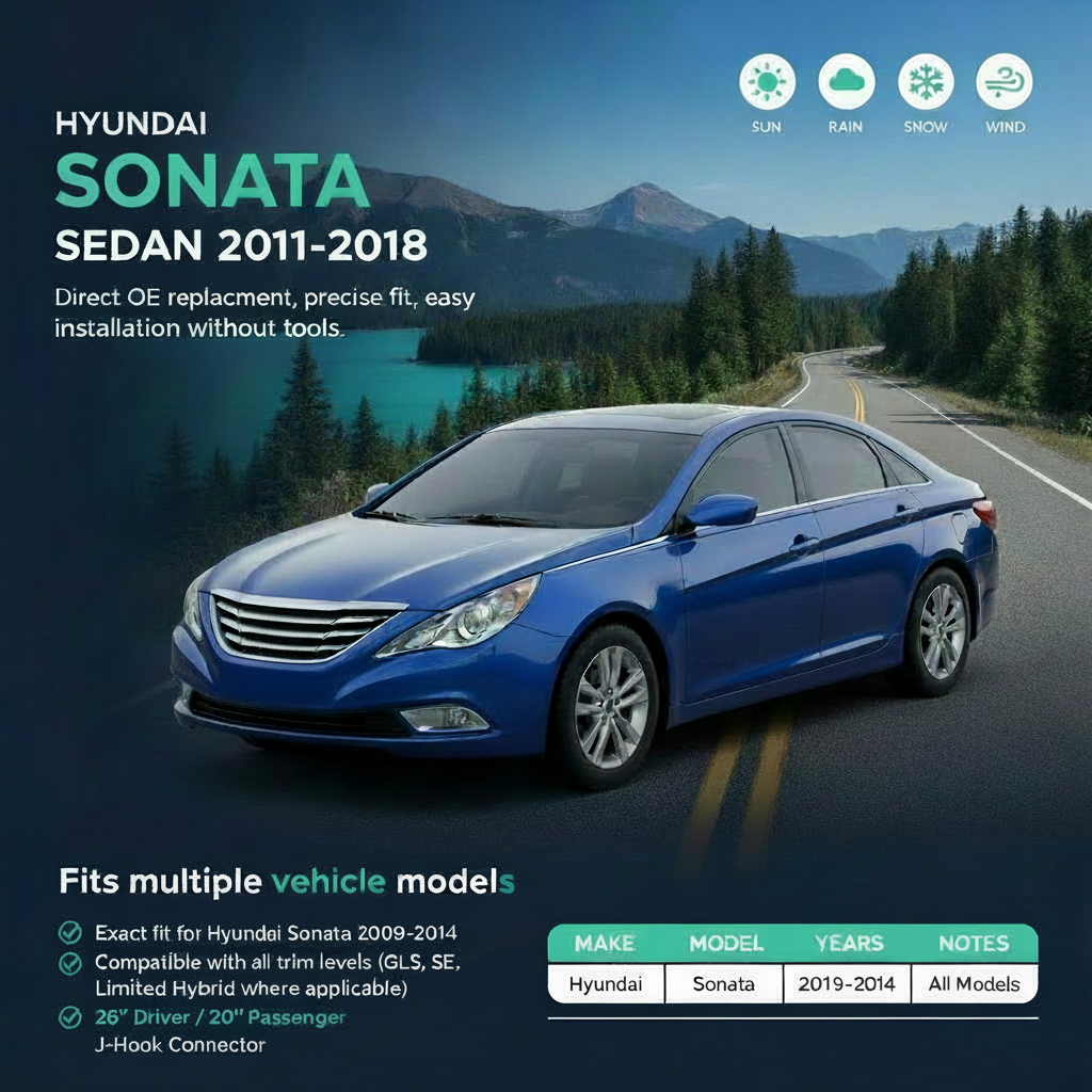 Top-Tier Pack of 2 Front Wiper Blades 26" + 20" For Hyundai Sonata 2011–2018
