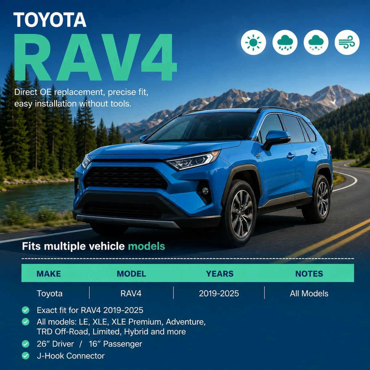 Top-Tier Pack of 2 Front Wiper Blades 26" + 16" For Toyota RAV4 2019 - 2025