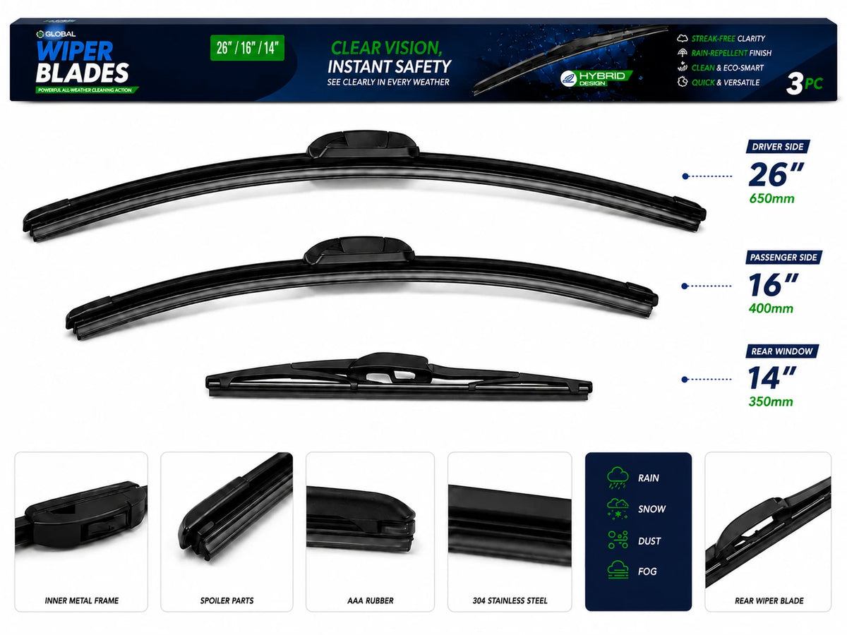 Top-Tier 3 Pack Front & Rear Wiper Blades 26" 16" 14" For Toyota Venza 2021-2024