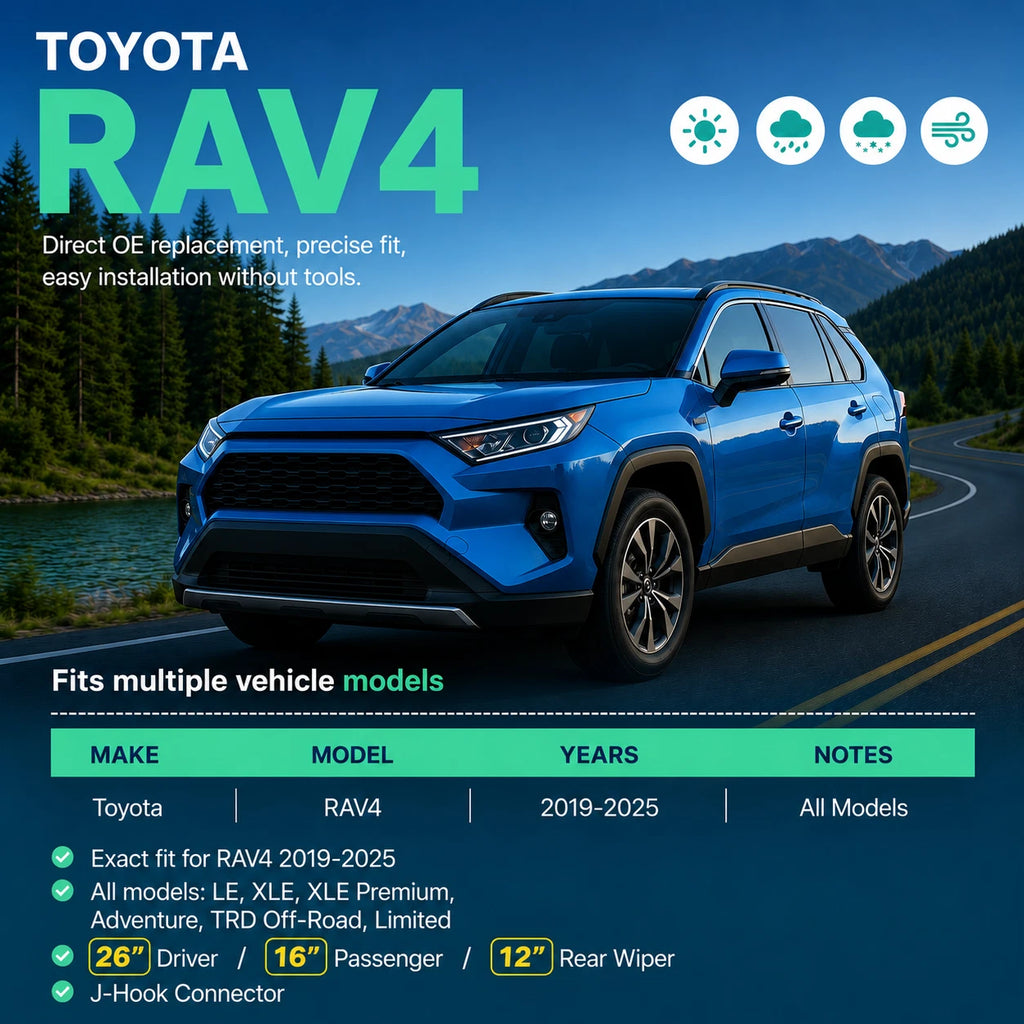 Top-Tier 3 Pack Front & Rear Wiper Blades 26" 16" 12" For Toyota RAV4 2019-2025