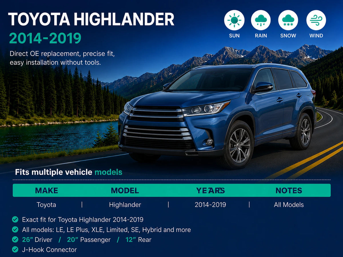 Top-Tier Front & Rear Wiper Blades 26" 20" 12" For Toyota Highlander 2014-2019